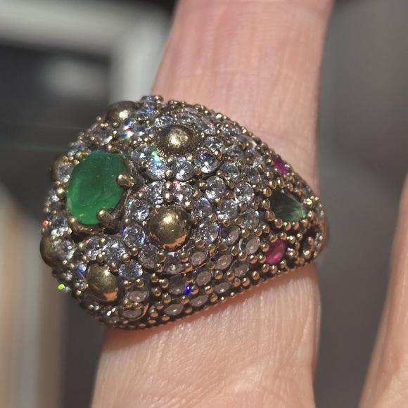 Emerald Topaz & ruby Sterling & Gold Large Ottoman ring Sz7.75 - Picture 9 of 14